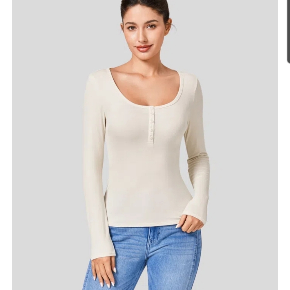 Halara Ribbed Henley Neck Long Sleeve Slim Casual T-Shirt Rice Khaki Medium